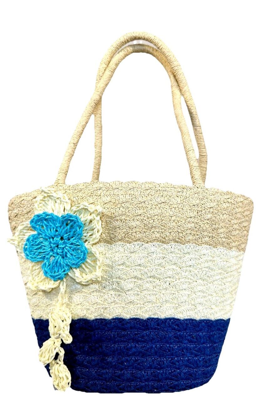 Woven Straw Tote Bag Tricolor with 3D Crochet Flower Accent  Boho Summer Beac